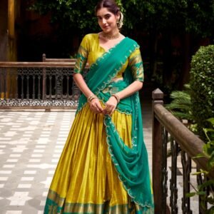 this poly cotton half saree with zari weaving work lehenga choli brings alive the beauty of heritage while keeping you comfortable and radiant in every celebration 💛