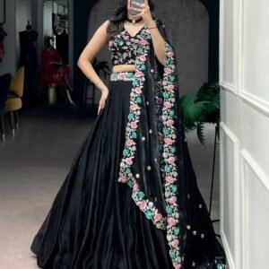 this black lehenga choli stands out with its soft fendi fabric and exquisite embroidery work.