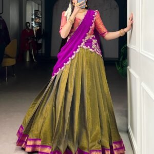 celebrate your special moments in a kanchipuram silk lehenga, woven with stunning zari details that add a royal touch to your look.