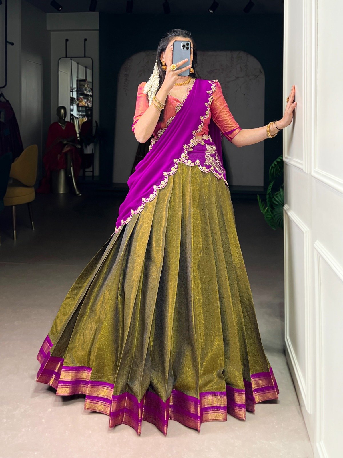 celebrate your special moments in a kanchipuram silk lehenga, woven with stunning zari details that add a royal touch to your look. celebrate your special moments in a kanchipuram silk lehenga, woven with stunning zari details that add a royal touch to your look.