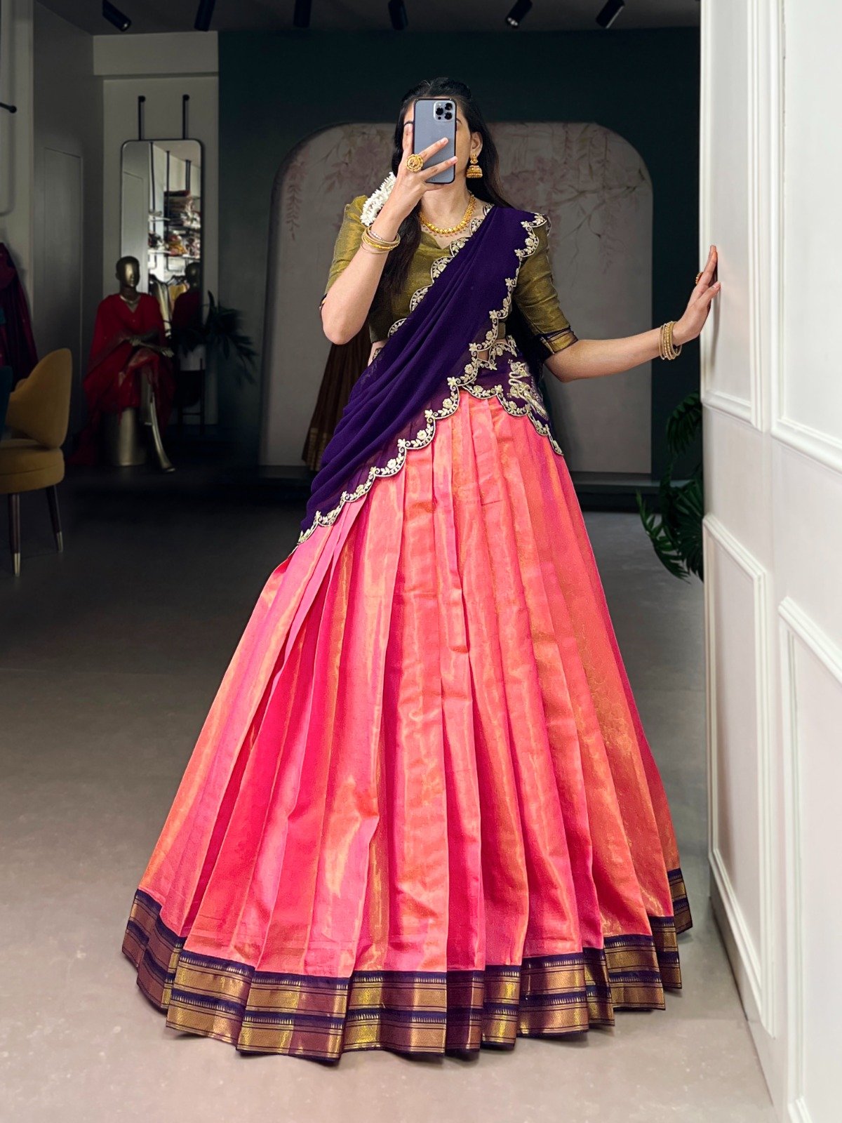 celebrate your special moments in a kanchipuram silk lehenga, woven with stunning zari details that add a royal touch to your look. celebrate your special moments in a kanchipuram silk lehenga, woven with stunning zari details that add a royal touch to your look.