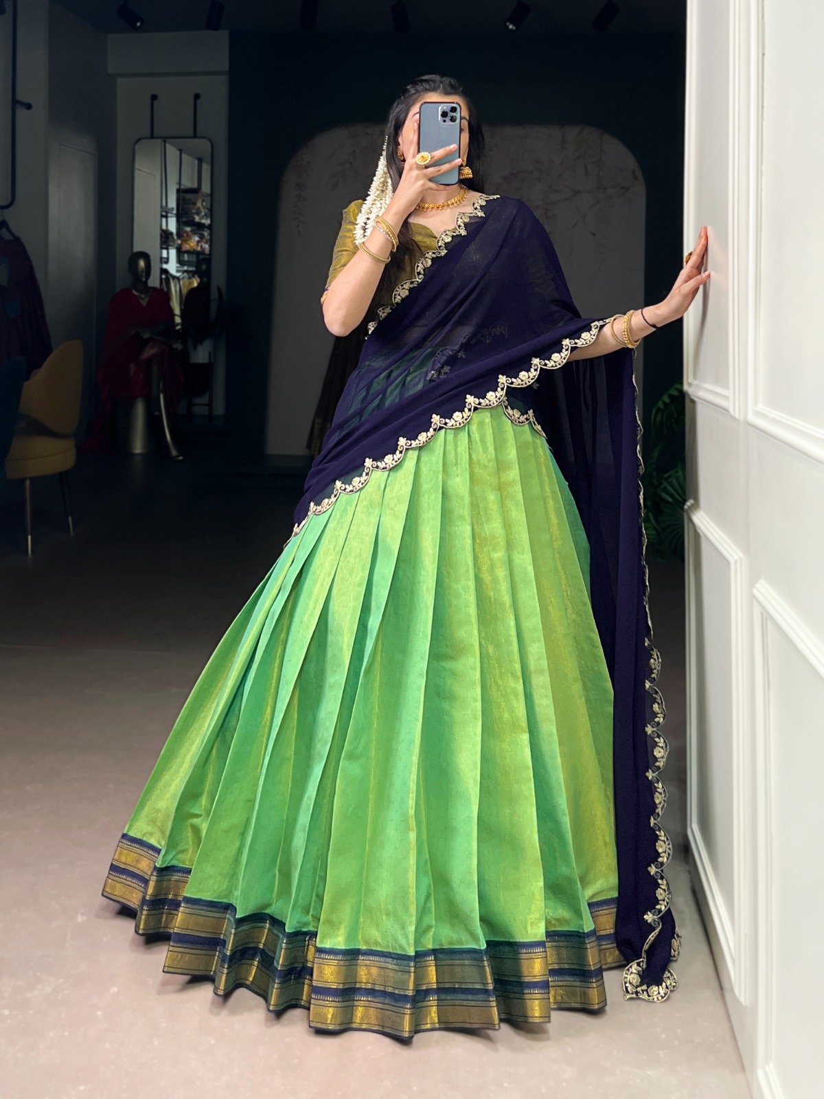 celebrate your special moments in a kanchipuram silk lehenga, woven with stunning zari details that add a royal touch to your look. celebrate your special moments in a kanchipuram silk lehenga, woven with stunning zari details that add a royal touch to your look.