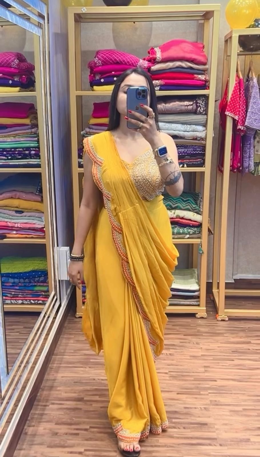 READY TO WEAR SAREE WITH FULLY EMBROIDERED KOTI ON CHINON FABRIC WITH STITCH BLOUSE - Image 3