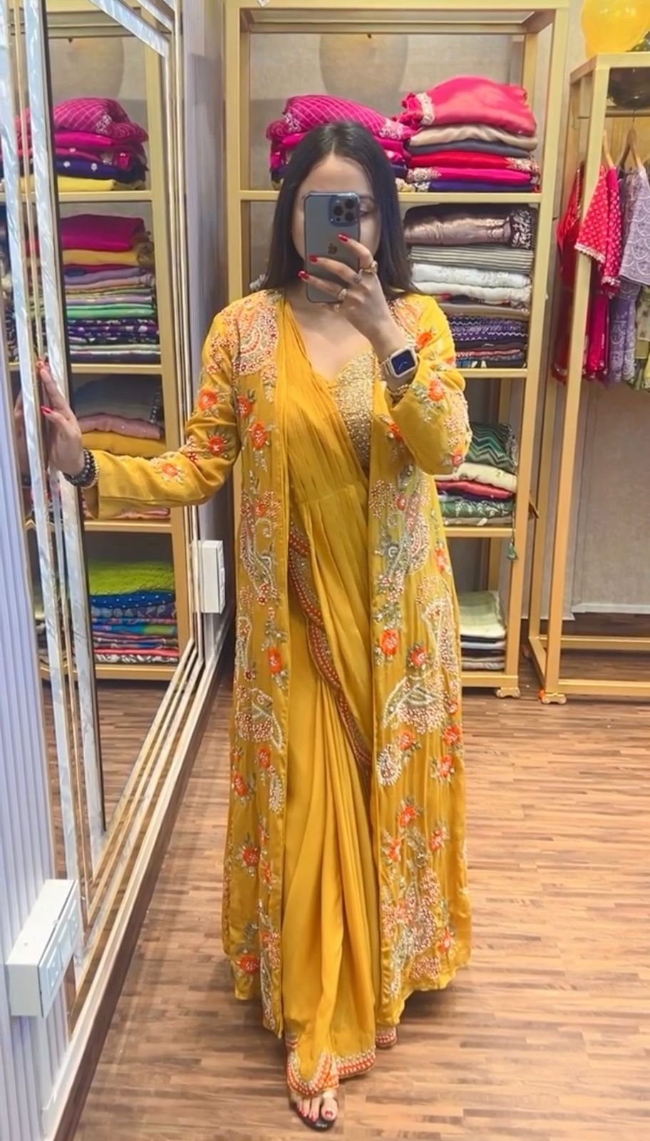 READY TO WEAR SAREE WITH FULLY EMBROIDERED KOTI ON CHINON FABRIC WITH STITCH BLOUSE - Image 5
