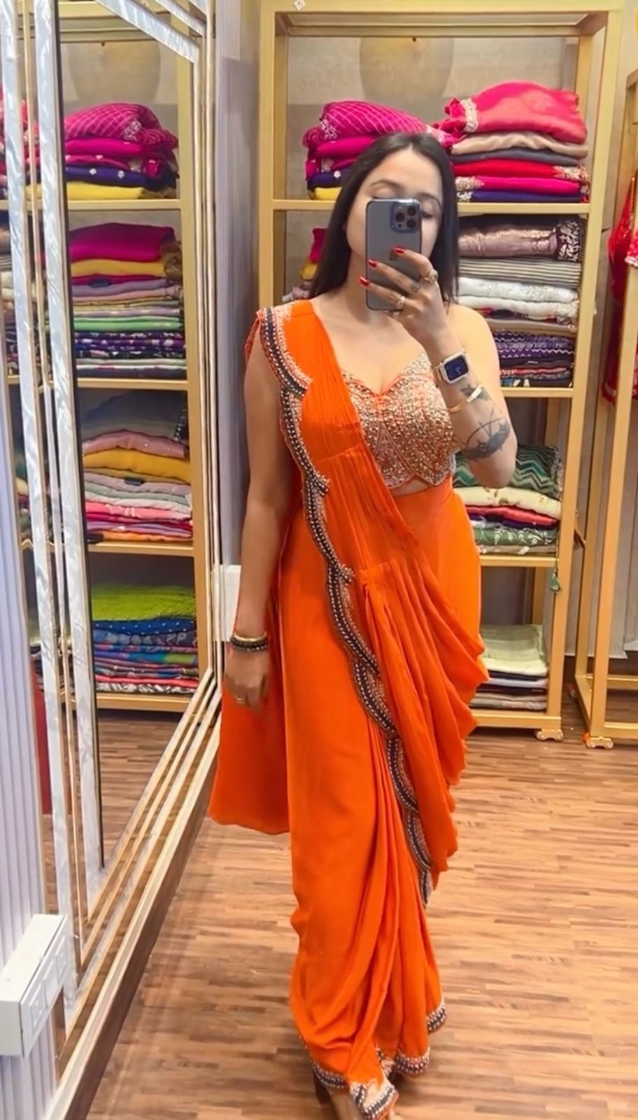 READY TO WEAR SAREE WITH FULLY EMBROIDERED KOTI ON CHINON FABRIC WITH STITCH BLOUSE - Image 6