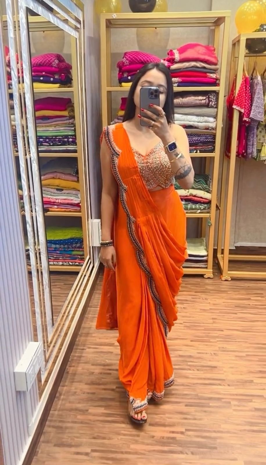 READY TO WEAR SAREE WITH FULLY EMBROIDERED KOTI ON CHINON FABRIC WITH STITCH BLOUSE - Image 7