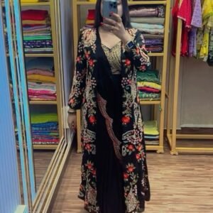 READY TO WEAR SAREE WITH FULLY EMBROIDERED KOTI ON CHINON FABRIC WITH STITCH BLOUSE