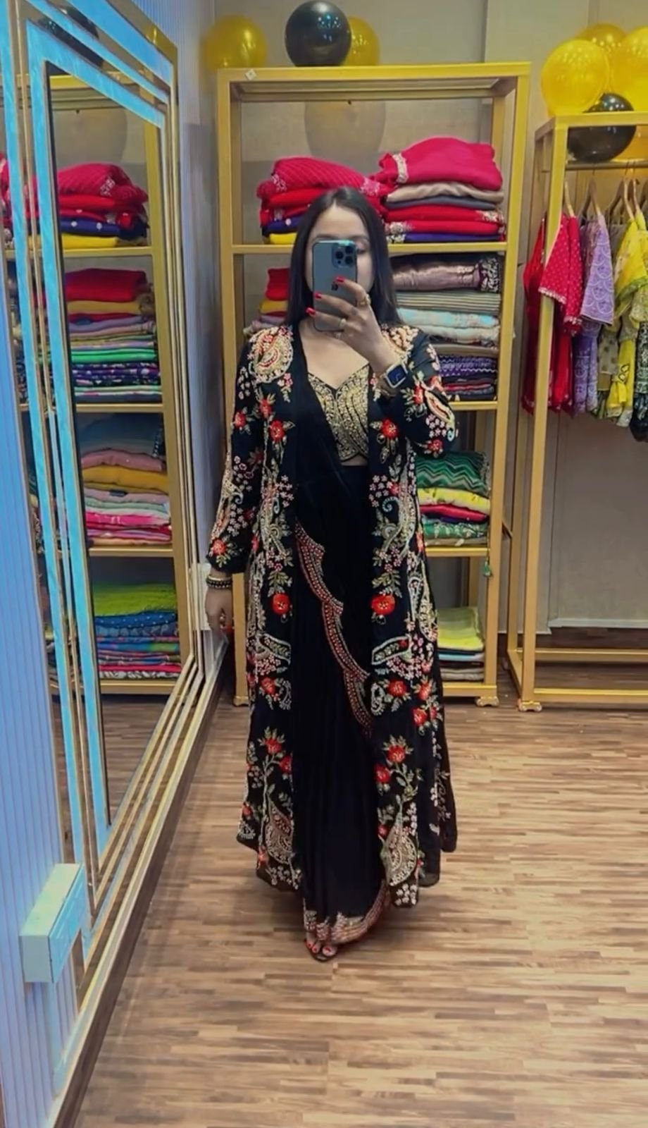 READY TO WEAR SAREE WITH FULLY EMBROIDERED KOTI ON CHINON FABRIC WITH STITCH BLOUSE