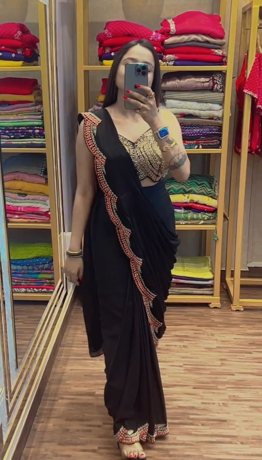 READY TO WEAR SAREE WITH FULLY EMBROIDERED KOTI ON CHINON FABRIC WITH STITCH BLOUSE - Image 9
