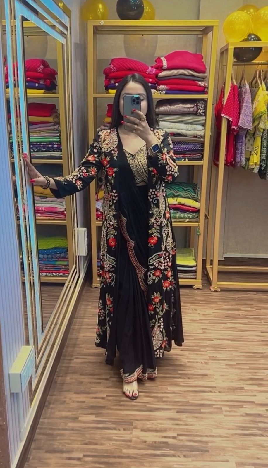 READY TO WEAR SAREE WITH FULLY EMBROIDERED KOTI ON CHINON FABRIC WITH STITCH BLOUSE - Image 10