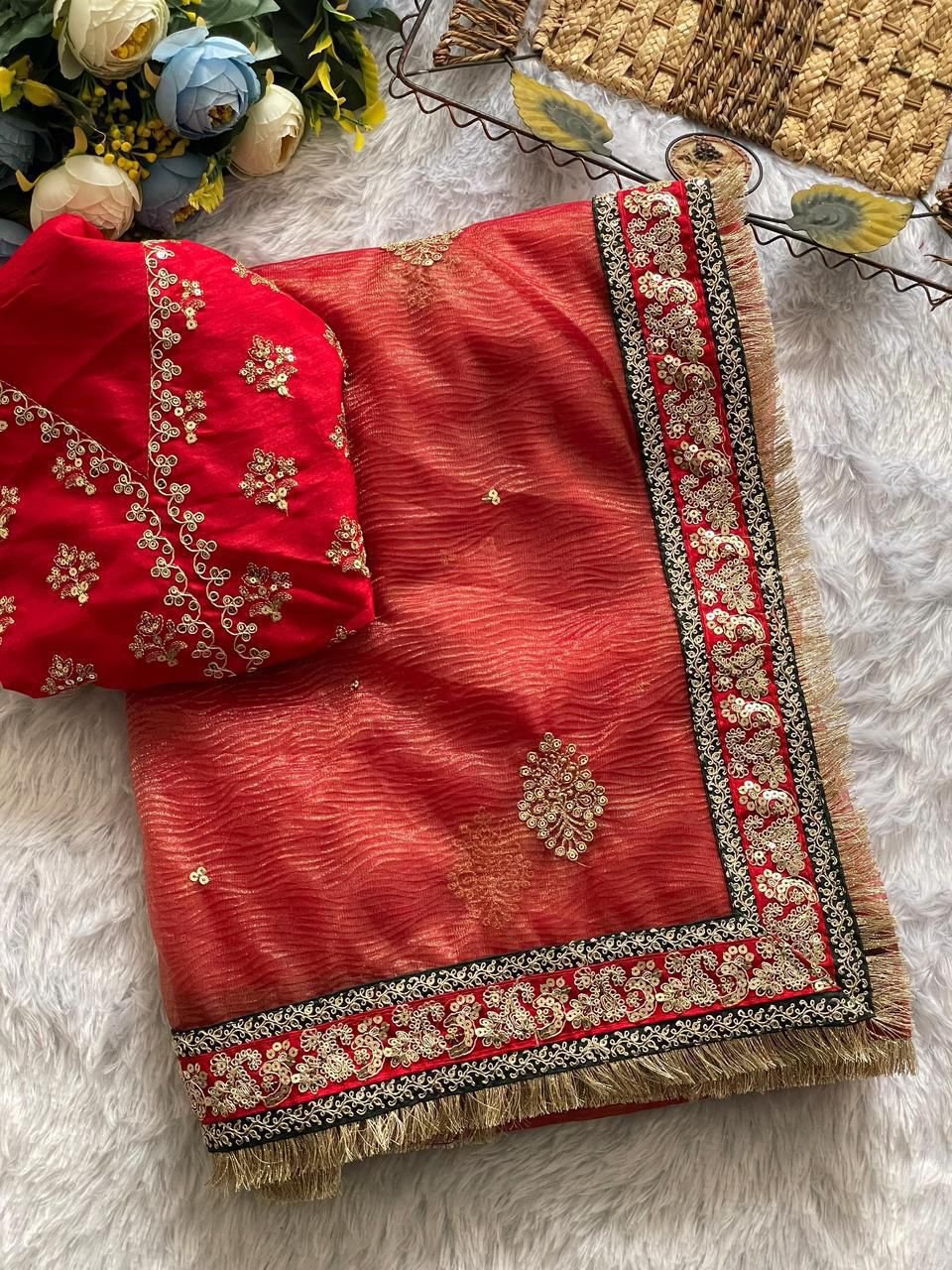 saree : heavy soft banarasi crush fabric on beautiful embroidery sequence and coding work with reday lace and work on saree saree : heavy soft banarasi crush fabric on beautiful embroidery sequence and coding work with reday lace and work on saree