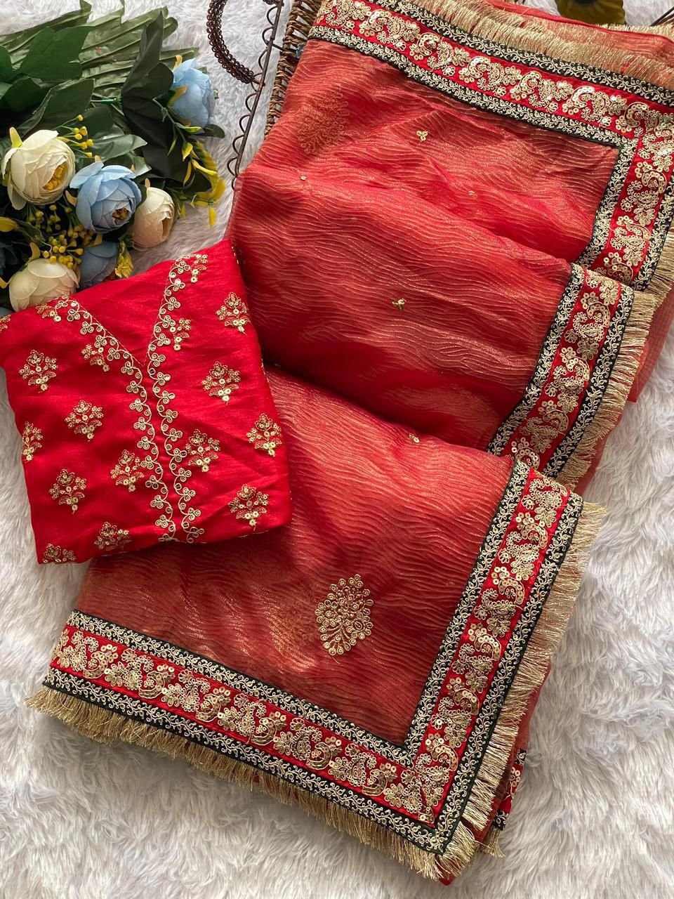 saree : heavy soft banarasi crush fabric on beautiful embroidery sequence and coding work with reday lace and work on saree saree : heavy soft banarasi crush fabric on beautiful embroidery sequence and coding work with reday lace and work on saree
