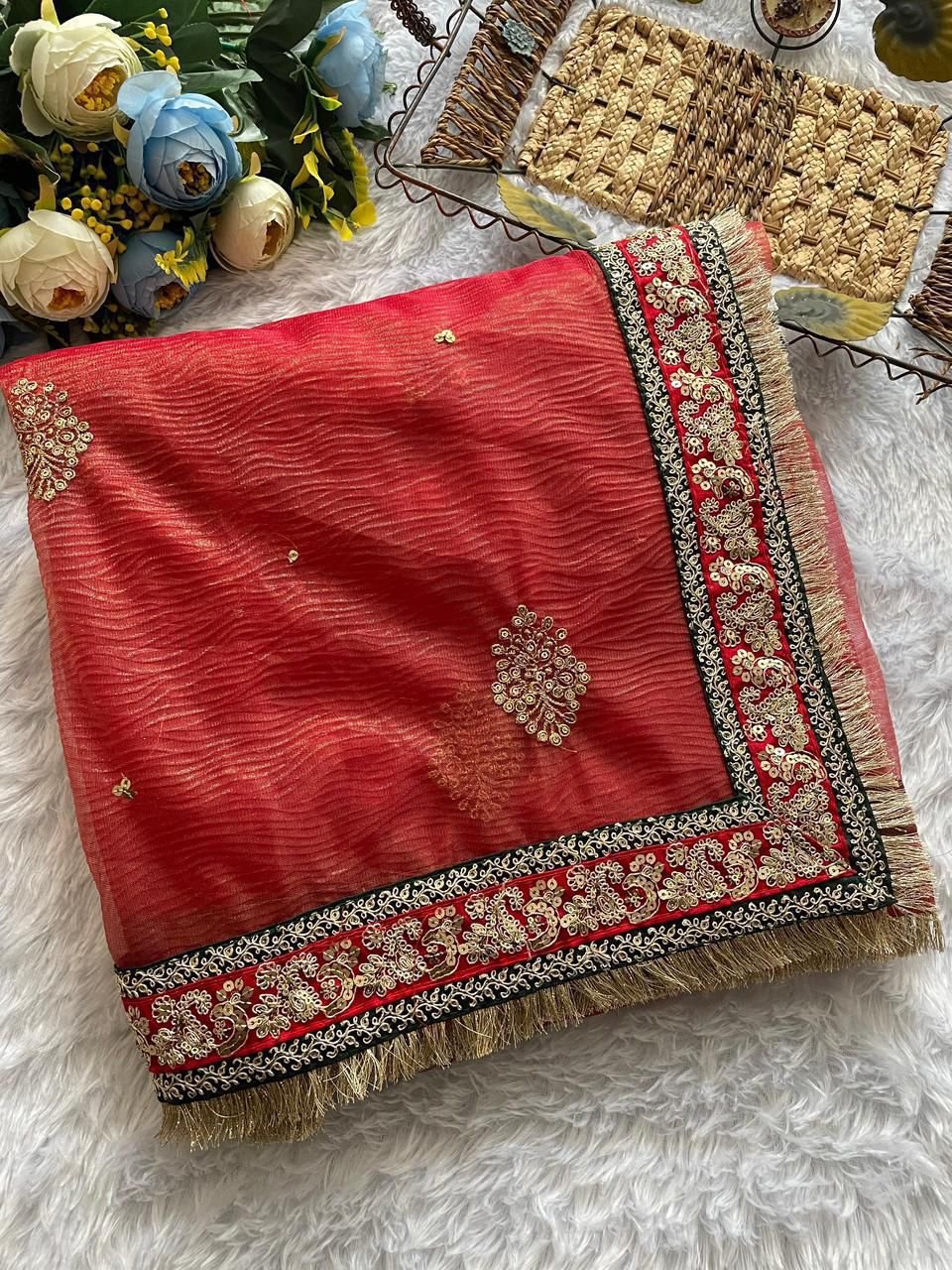 saree : heavy soft banarasi crush fabric on beautiful embroidery sequence and coding work with reday lace and work on saree saree : heavy soft banarasi crush fabric on beautiful embroidery sequence and coding work with reday lace and work on saree