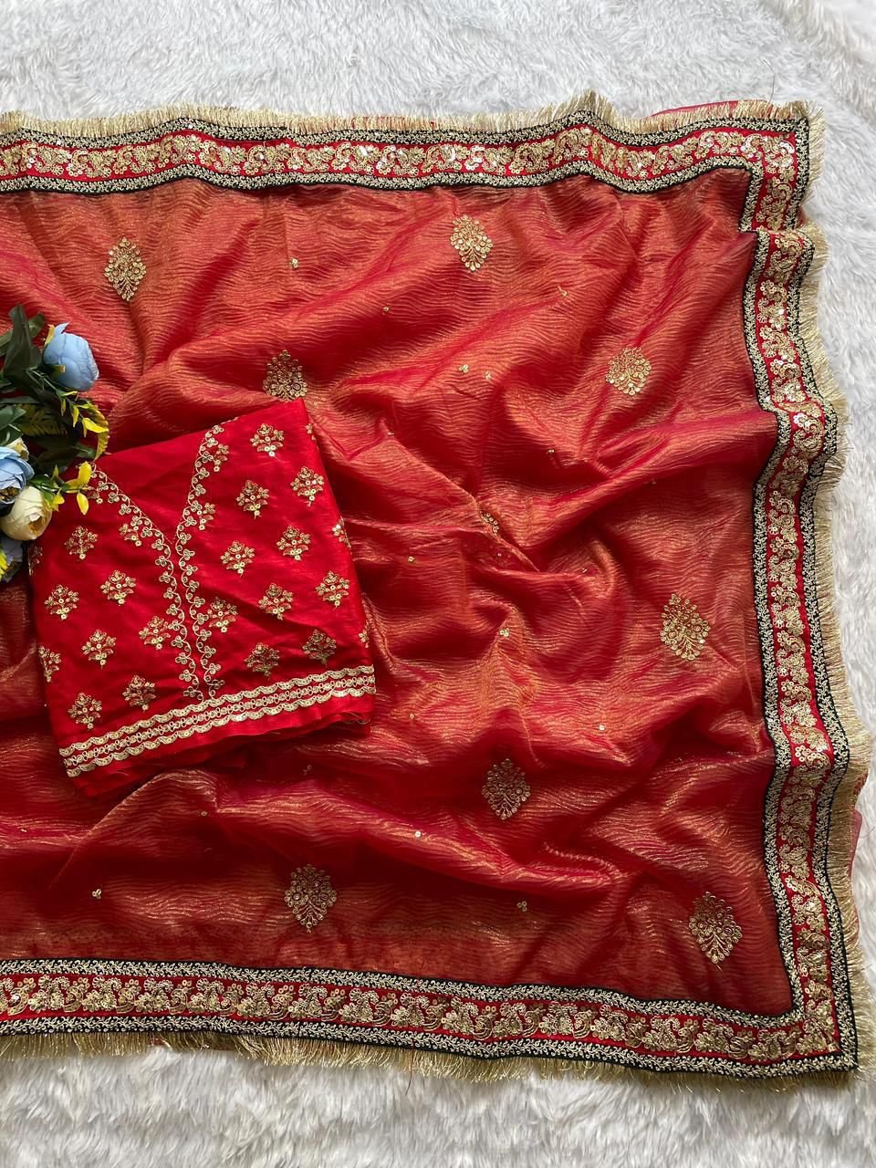 saree : heavy soft banarasi crush fabric on beautiful embroidery sequence and coding work with reday lace and work on saree saree : heavy soft banarasi crush fabric on beautiful embroidery sequence and coding work with reday lace and work on saree
