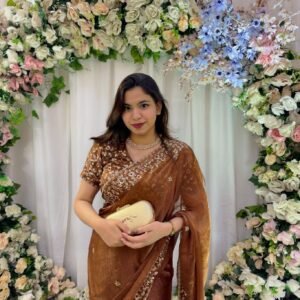 *saree : heavy soft fandy chiffon silk fabric on heavy embroidery c pallu zari & sequences work with cut work border on saree
