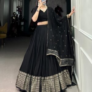 crafted for grace and beauty: pure chanderi plain lehenga with intricate zari work border, accompanied by sequin embellished dupatta
