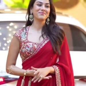 premium rangoli silk saree with a rich shine and elegant drape, paired with a banglori silk blouse. perfect for a classy, celebrity style look at weddings, parties & festive occasions.