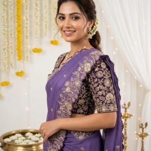 star georgette saree multi sequence emrodairy work with. contrast blouse embroidery work