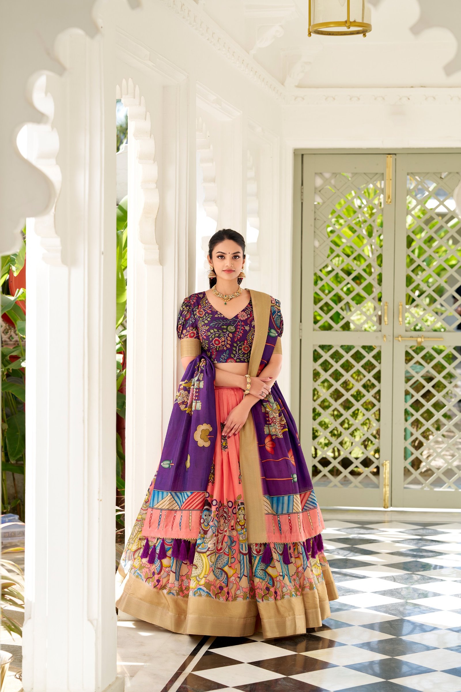 dorned in the elegance of dola silk and the intricate charm of kalamkari prints, the lehenga choli whispers tales of tradition and beauty dorned in the elegance of dola silk and the intricate charm of kalamkari prints, the lehenga choli whispers tales of tradition and beauty