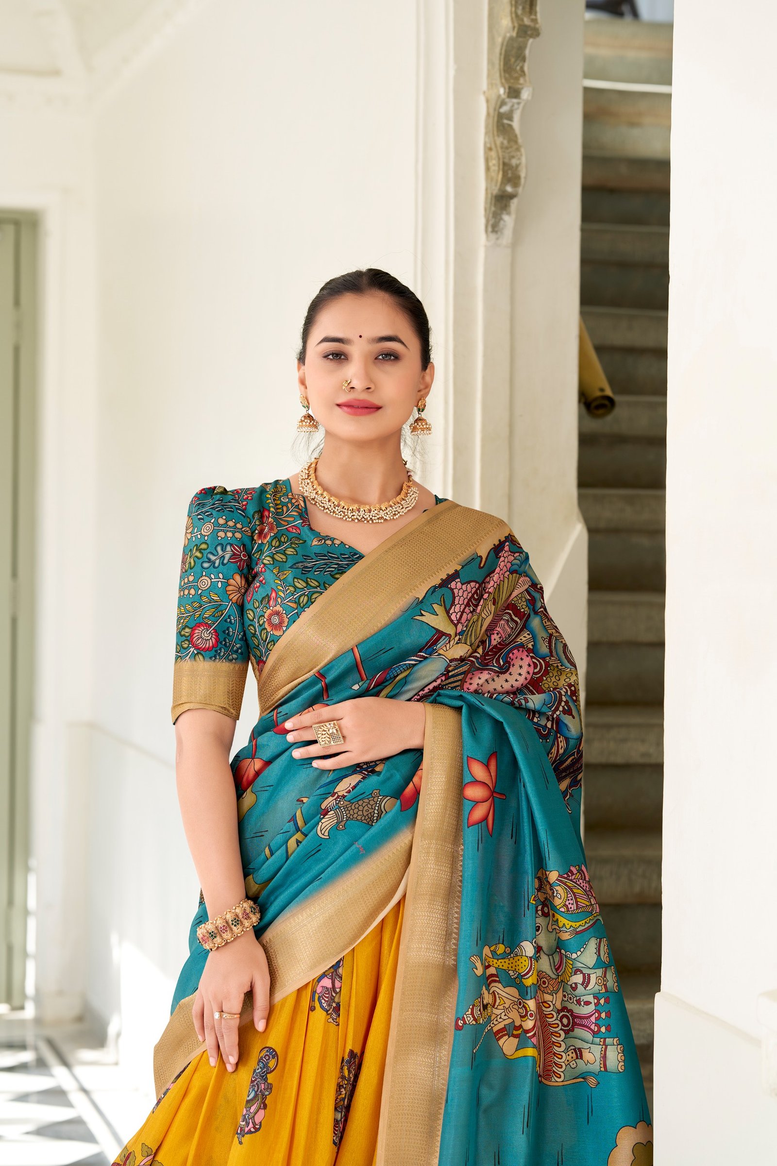 dorned in the elegance of dola silk and the intricate charm of kalamkari prints, the lehenga choli whispers tales of tradition and beauty dorned in the elegance of dola silk and the intricate charm of kalamkari prints, the lehenga choli whispers tales of tradition and beauty