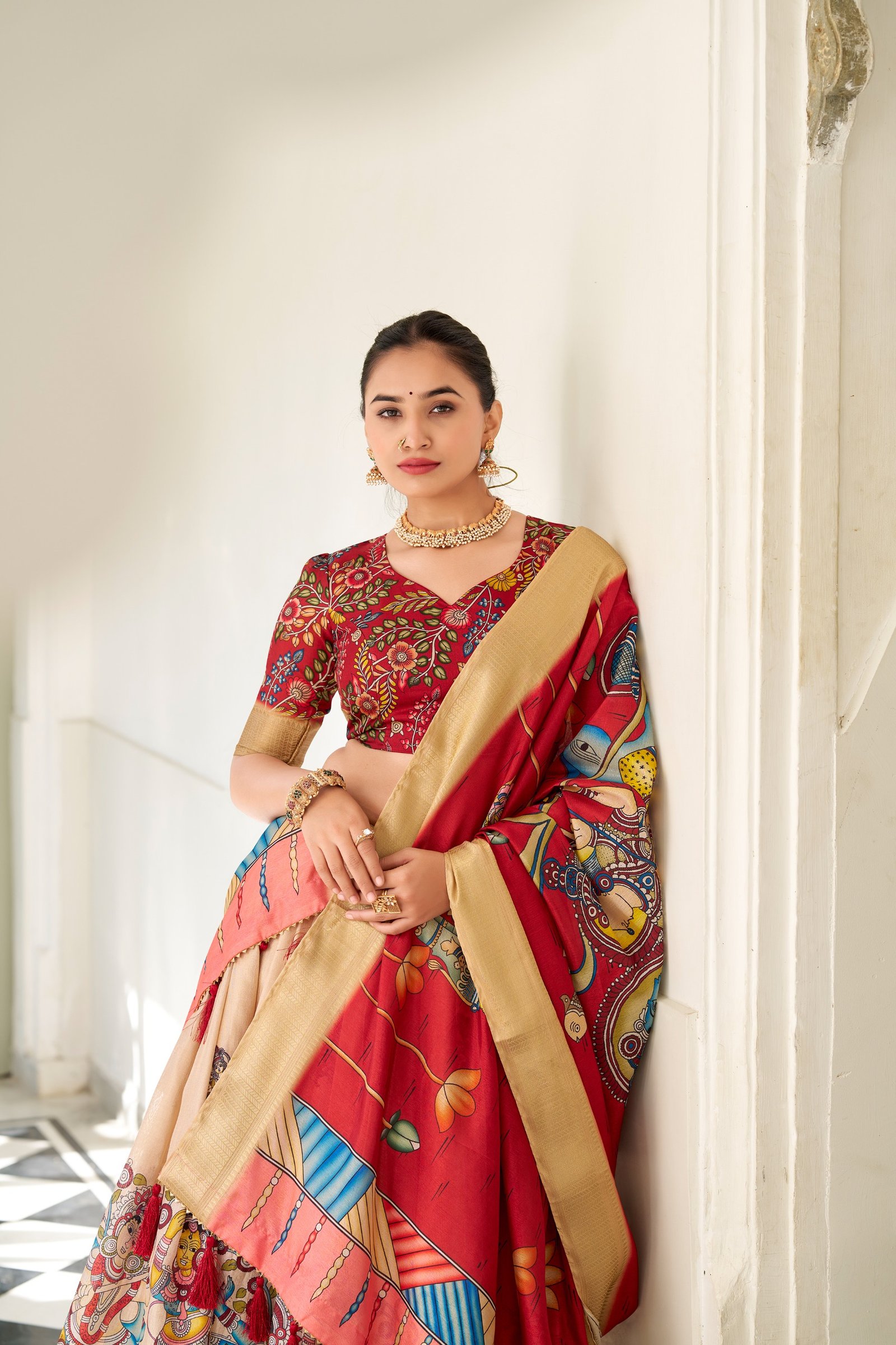 dorned in the elegance of dola silk and the intricate charm of kalamkari prints, the lehenga choli whispers tales of tradition and beauty dorned in the elegance of dola silk and the intricate charm of kalamkari prints, the lehenga choli whispers tales of tradition and beauty