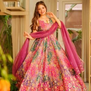 pure jimmy organza silk digital printed padded gown with 52+ gown length !!huge flair outfit