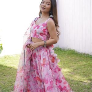 pure jimmy choo organza silk digital printed lehenga . huge flair lehenga with canvas patta