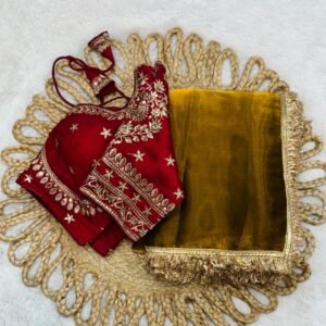 havy shine gold fandy silk saree with designer lace