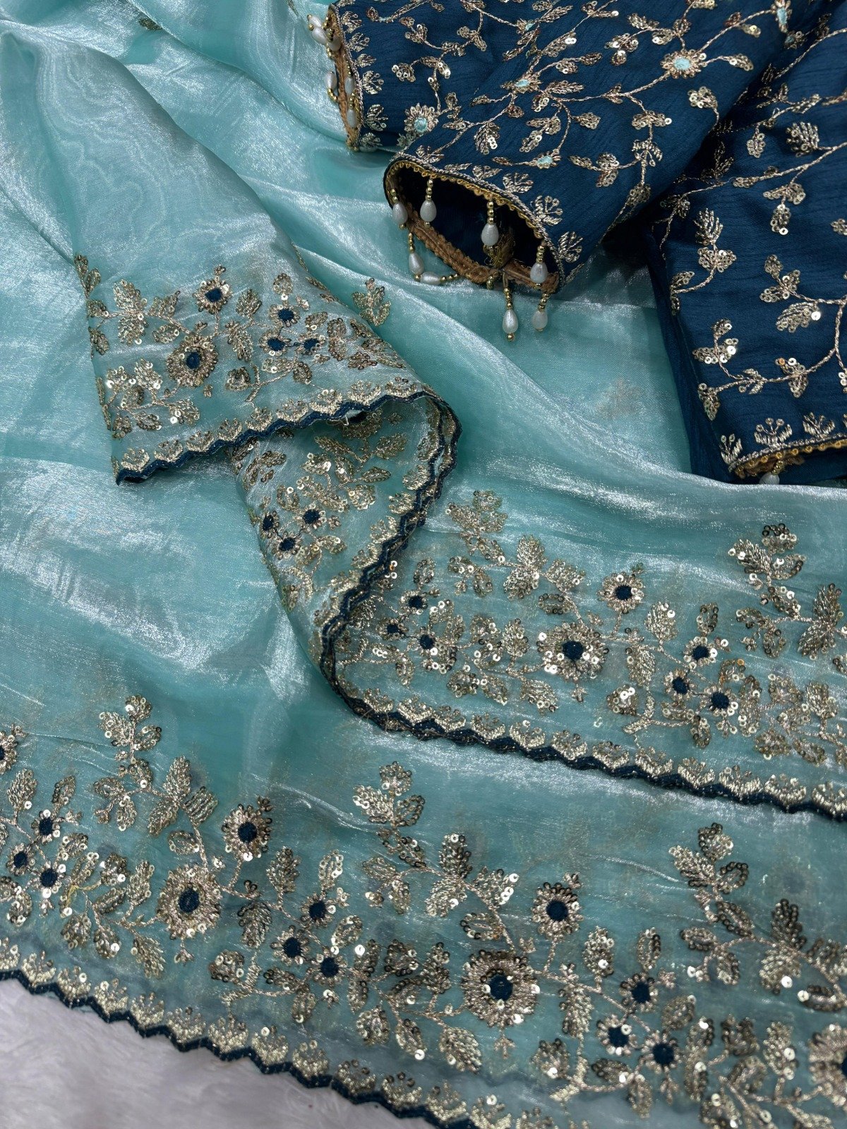 aree:- Pure Fandy Satin sarees with amazing 3 mm C Pallu sequence work with Cut work border - Image 6