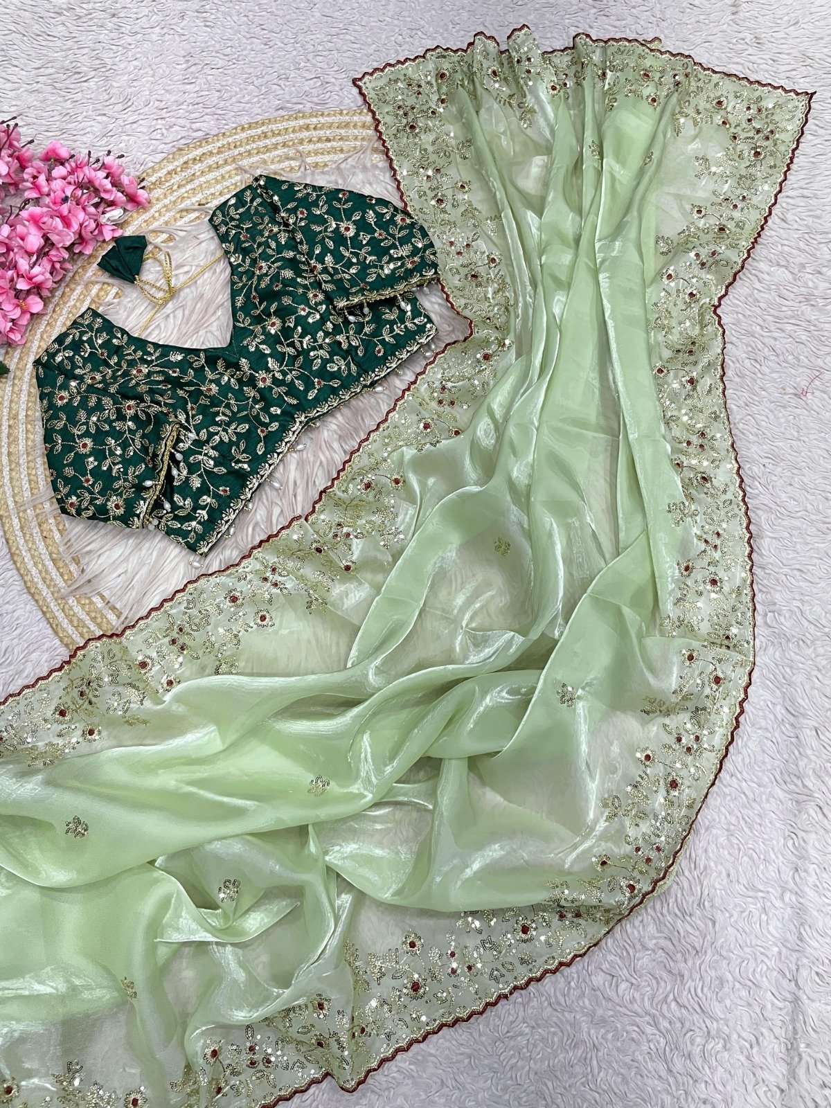 aree: pure fandy satin sarees with amazing 3 mm c pallu sequence work with cut work border aree: pure fandy satin sarees with amazing 3 mm c pallu sequence work with cut work border