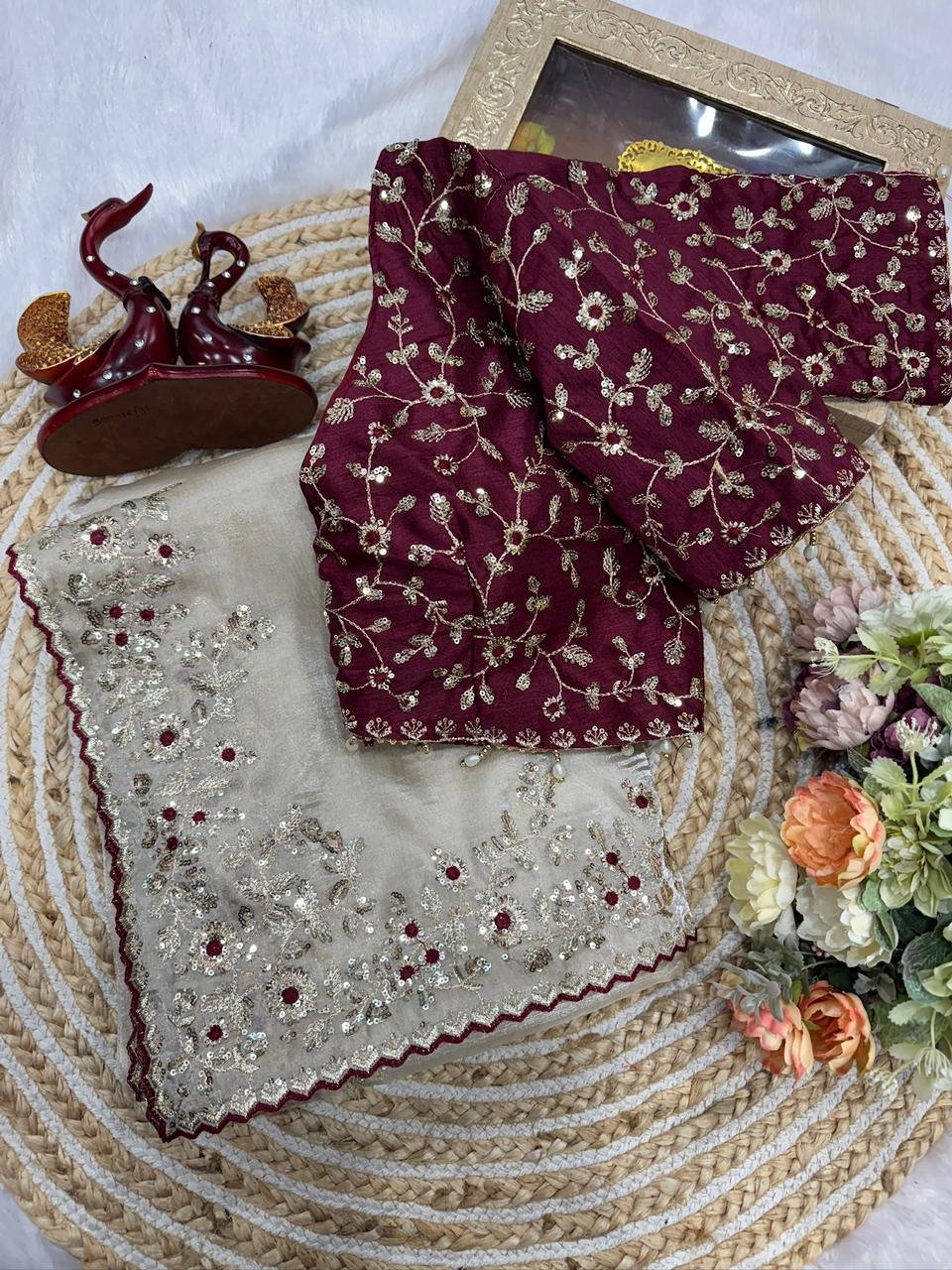 aree:- Pure Fandy Satin sarees with amazing 3 mm C Pallu sequence work with Cut work border - Image 2