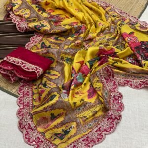 designer dola banarasi weaving with beautiful digital print with full sequence embroidery work border with banglori blouse*