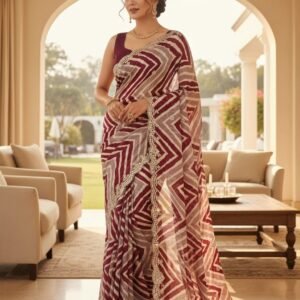 elegant chinnon silk saree with beautiful thread embroidery work & designer cutwork border saree