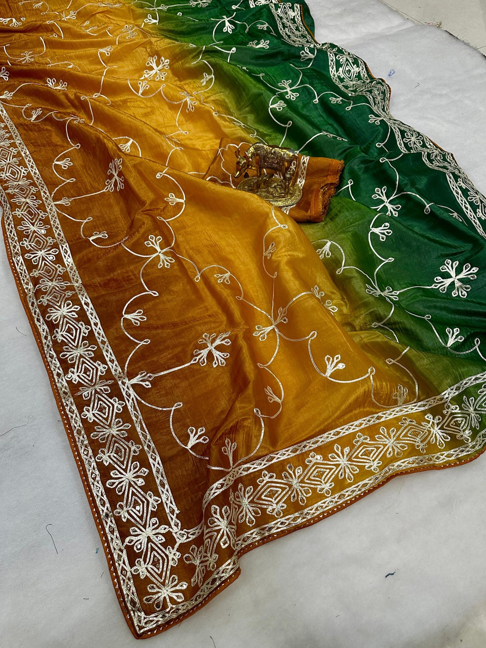 saree :~ pure gold crush silk with ribbin gota sequence work with premium special saree :~ pure gold crush silk with ribbin gota sequence work with premium special