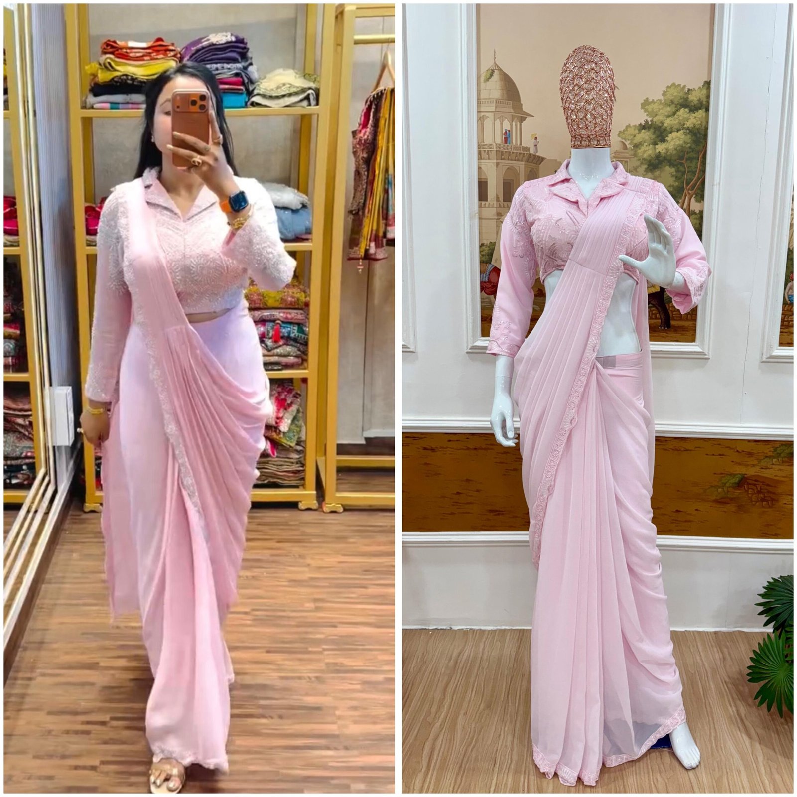 ready to wear saree with embroidered stylist blouse & on faux georgette fabric ready to wear saree with embroidered stylist blouse & on faux georgette fabric
