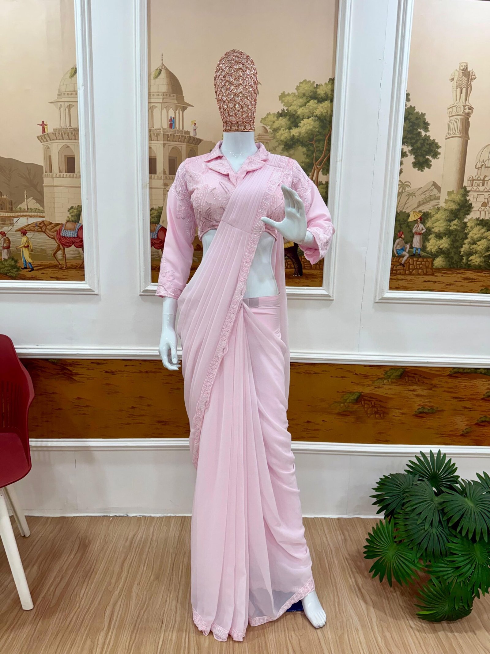 ready to wear saree with embroidered stylist blouse & on faux georgette fabric ready to wear saree with embroidered stylist blouse & on faux georgette fabric