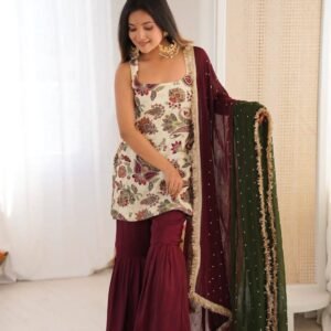 3 pieces kurti, sharara & dupatta with embroidery work
