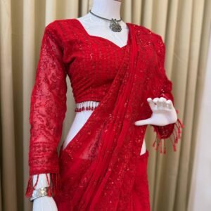 faux georgette fabric with heavy embroidery & fancy lace work saree with stitch blouse