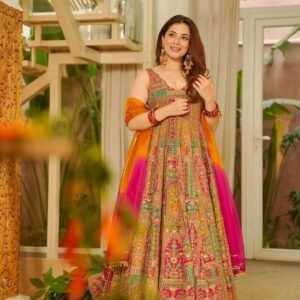 anarkali gown* digital printed jimmy organza silk suit with huge flair