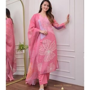 beautiful heavy suit set which is beautifully decorated with intricate hand embroidery, zari weaving and prints. it is paired with matching pants and lace duppata