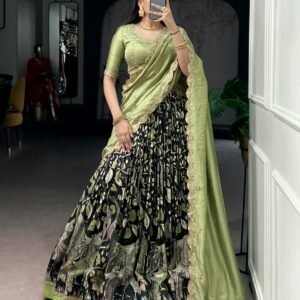 premium tasar silk, detailed kalamkari prints, and an embroidered dupatta, this lehenga set is a perfect choice for refined festive styling.