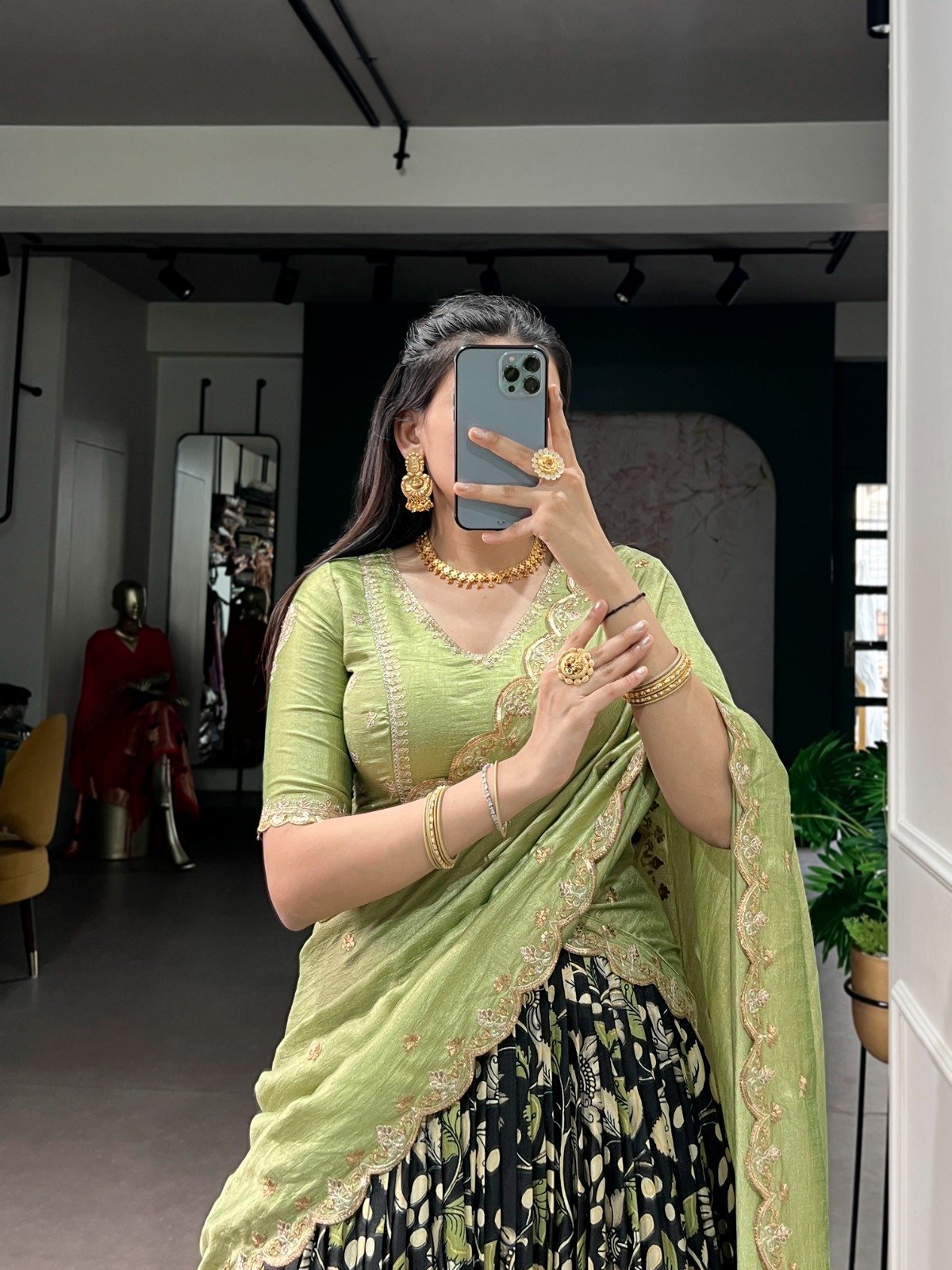 premium tasar silk, detailed kalamkari prints, and an embroidered dupatta, this lehenga set is a perfect choice for refined festive styling. premium tasar silk, detailed kalamkari prints, and an embroidered dupatta, this lehenga set is a perfect choice for refined festive styling.