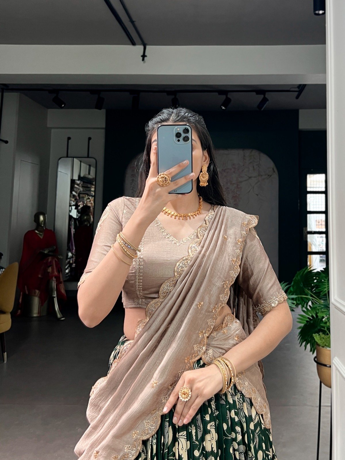 premium tasar silk, detailed kalamkari prints, and an embroidered dupatta, this lehenga set is a perfect choice for refined festive styling. premium tasar silk, detailed kalamkari prints, and an embroidered dupatta, this lehenga set is a perfect choice for refined festive styling.