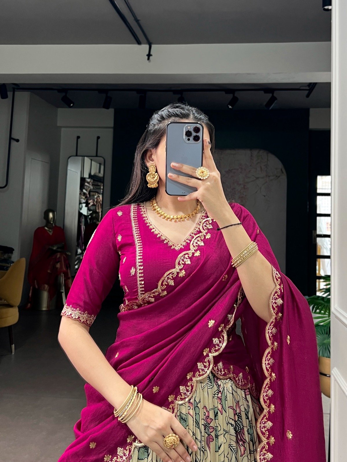 premium tasar silk, detailed kalamkari prints, and an embroidered dupatta, this lehenga set is a perfect choice for refined festive styling. premium tasar silk, detailed kalamkari prints, and an embroidered dupatta, this lehenga set is a perfect choice for refined festive styling.