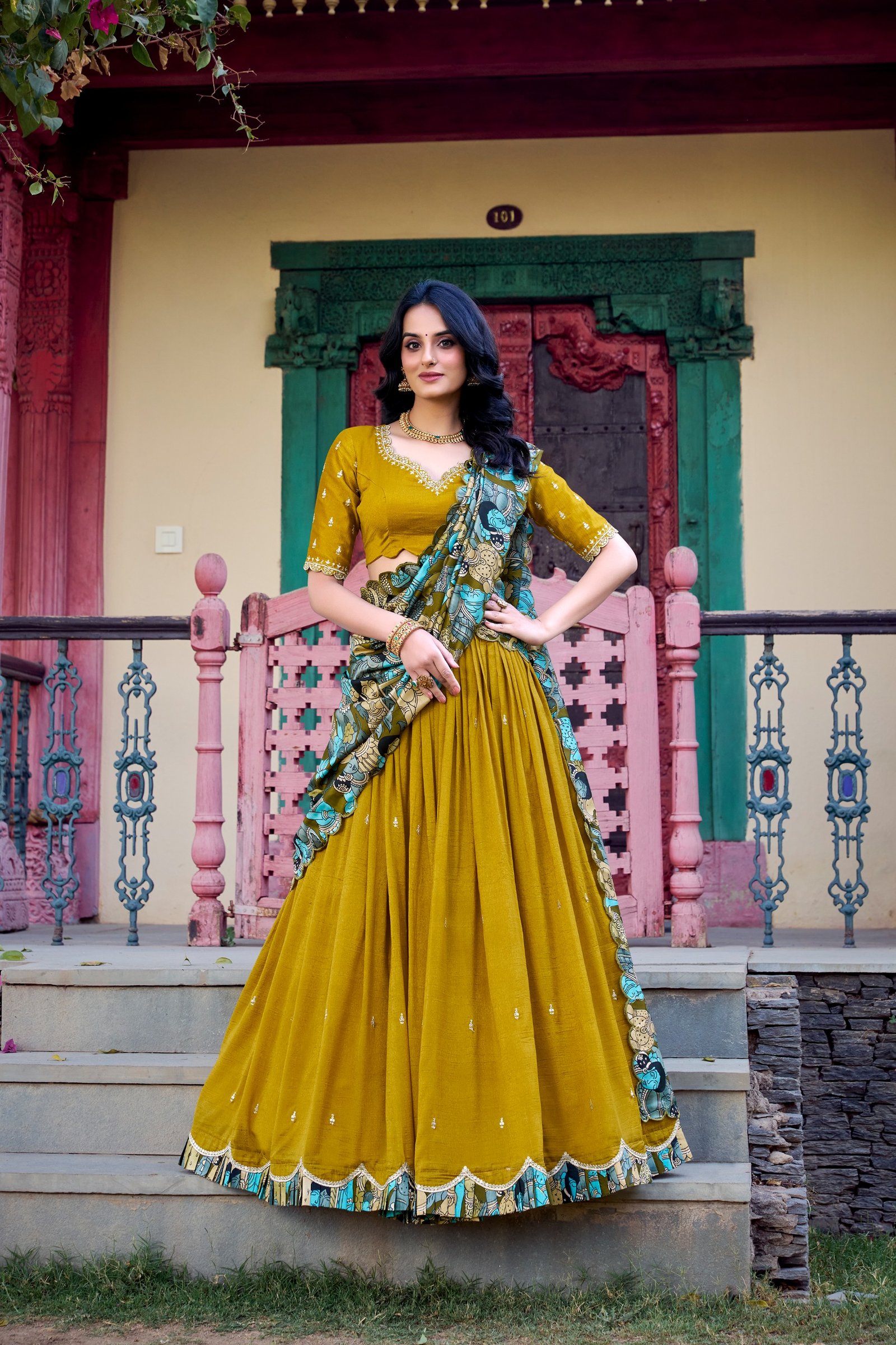 featuring premium tasar silk, detailed kalamkari prints, and an embroidered dupatta, this lehenga set is a perfect choice for refined festive styling. featuring premium tasar silk, detailed kalamkari prints, and an embroidered dupatta, this lehenga set is a perfect choice for refined festive styling.