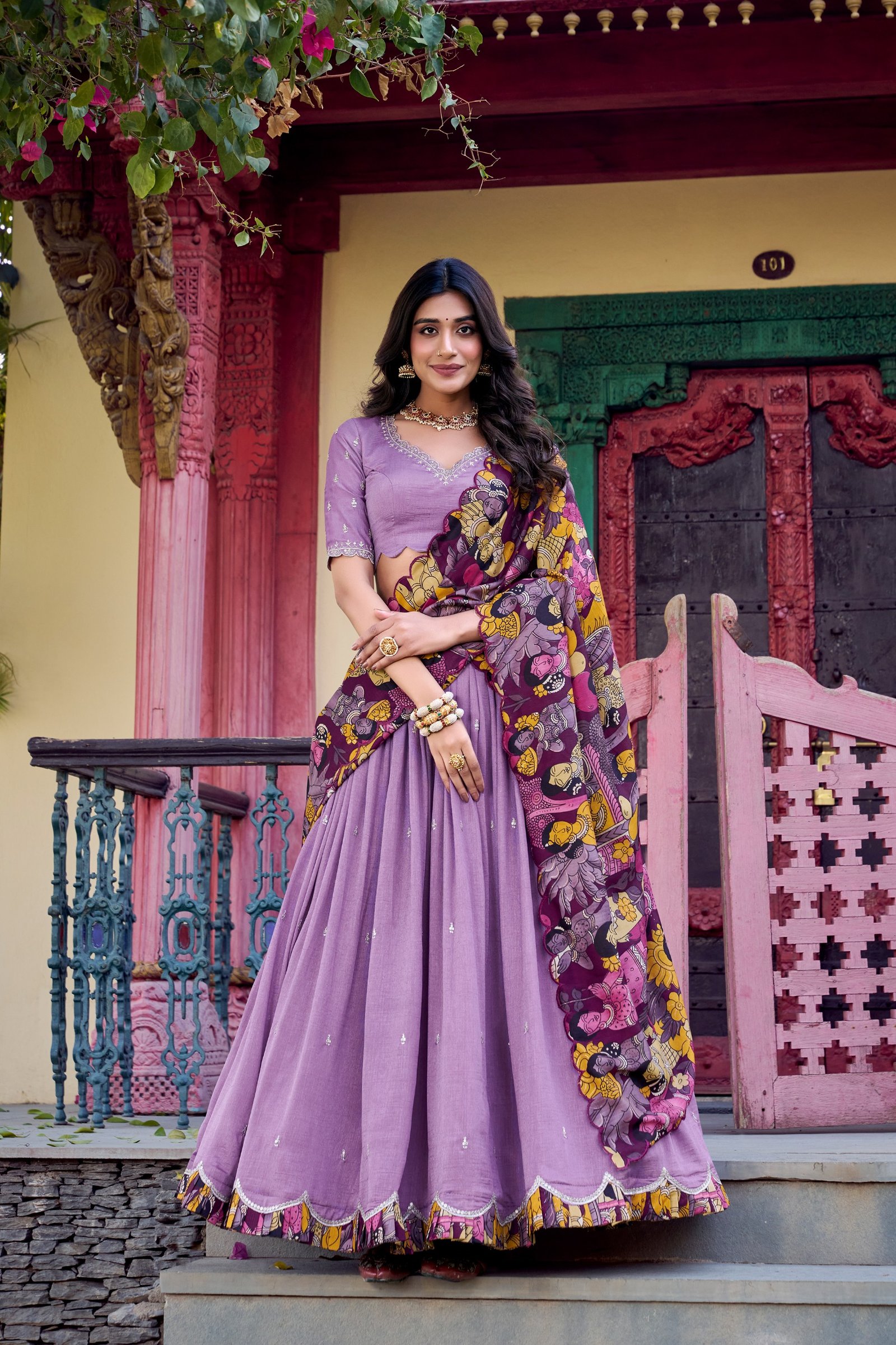 featuring premium tasar silk, detailed kalamkari prints, and an embroidered dupatta, this lehenga set is a perfect choice for refined festive styling. featuring premium tasar silk, detailed kalamkari prints, and an embroidered dupatta, this lehenga set is a perfect choice for refined festive styling.