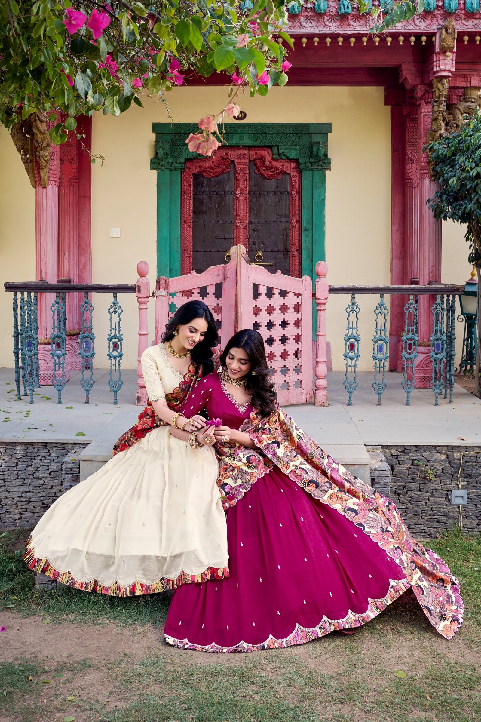 featuring premium tasar silk, detailed kalamkari prints, and an embroidered dupatta, this lehenga set is a perfect choice for refined festive styling. featuring premium tasar silk, detailed kalamkari prints, and an embroidered dupatta, this lehenga set is a perfect choice for refined festive styling.