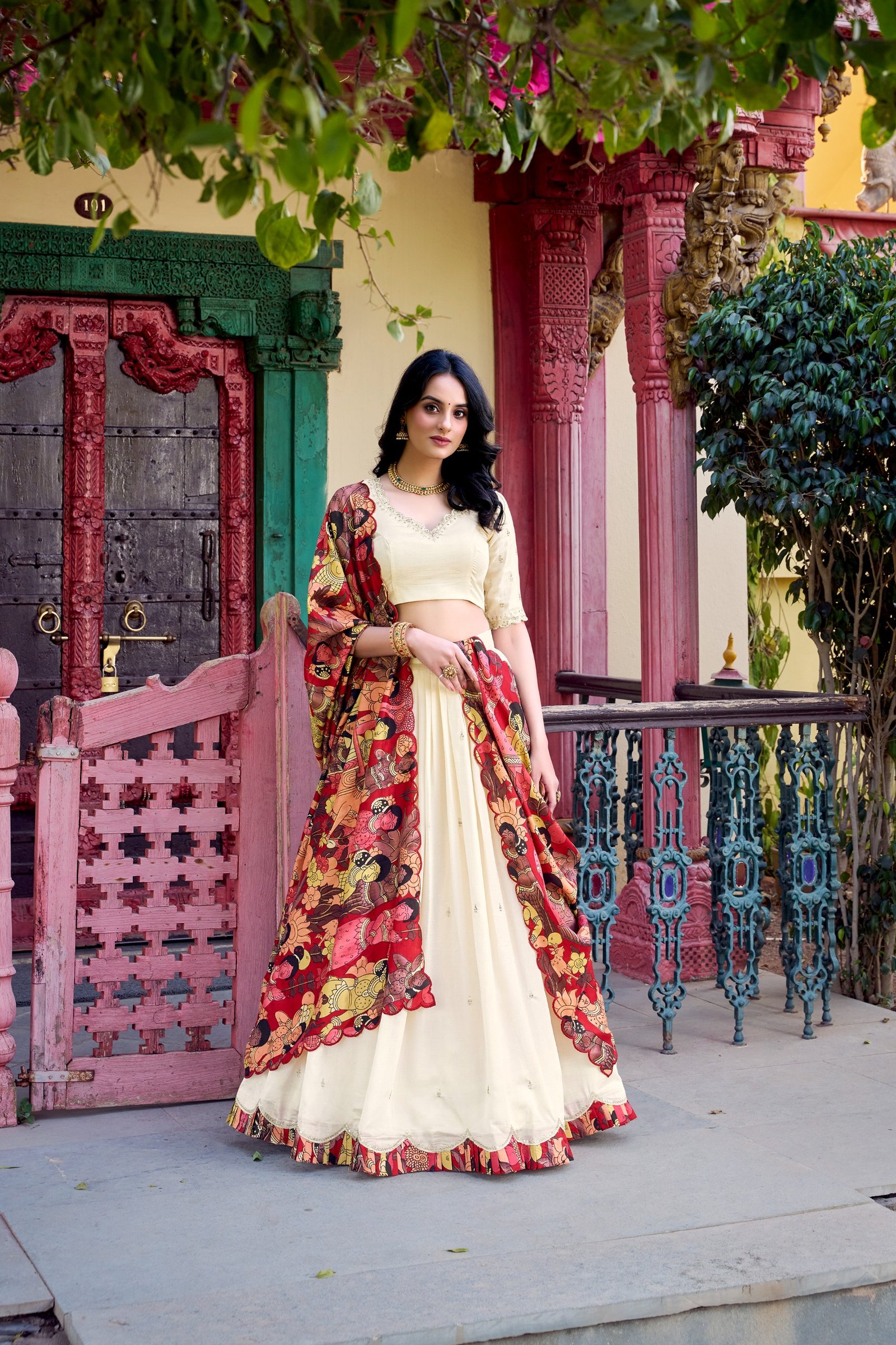 featuring premium tasar silk, detailed kalamkari prints, and an embroidered dupatta, this lehenga set is a perfect choice for refined festive styling. featuring premium tasar silk, detailed kalamkari prints, and an embroidered dupatta, this lehenga set is a perfect choice for refined festive styling.