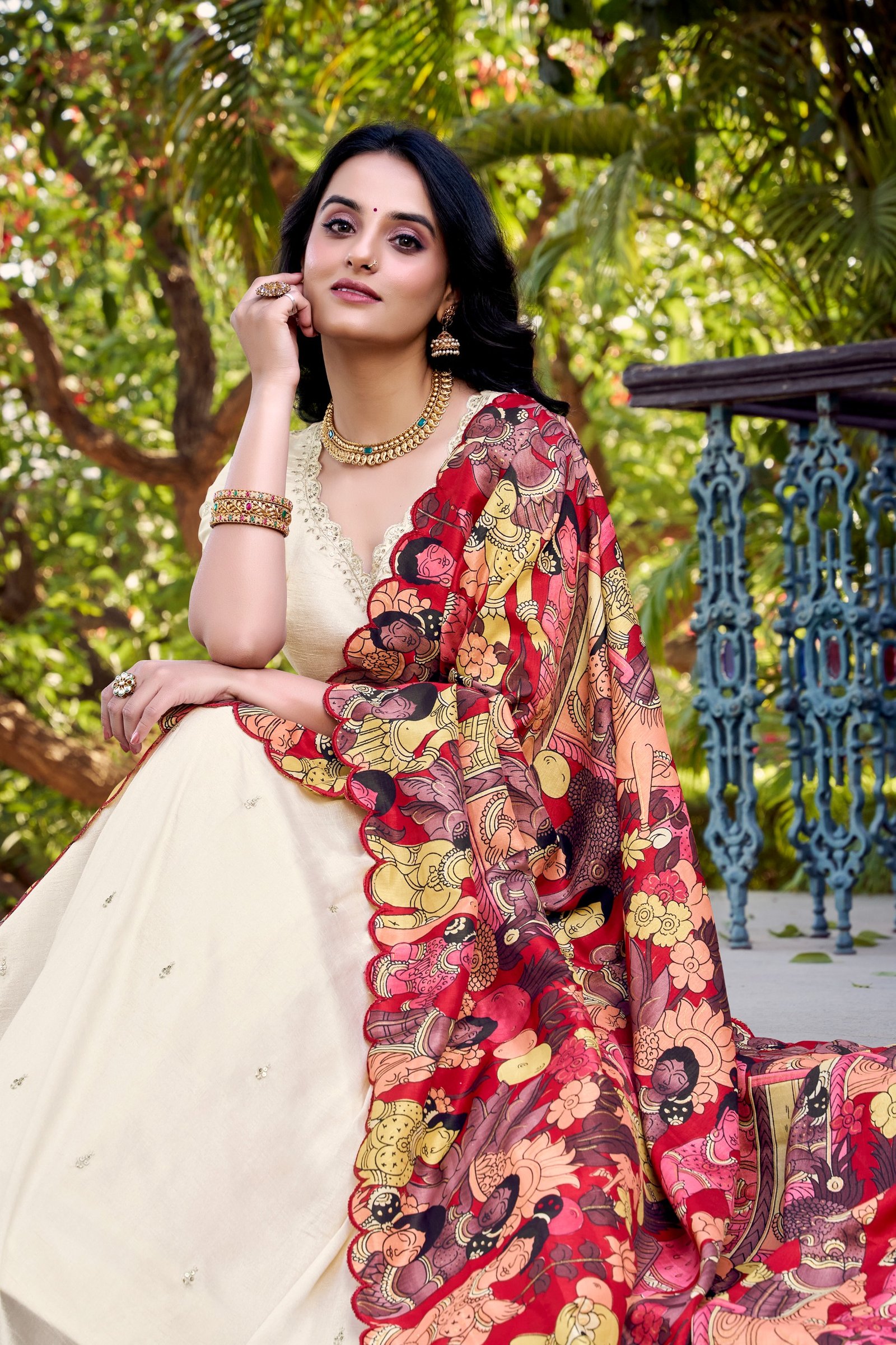 featuring premium tasar silk, detailed kalamkari prints, and an embroidered dupatta, this lehenga set is a perfect choice for refined festive styling. featuring premium tasar silk, detailed kalamkari prints, and an embroidered dupatta, this lehenga set is a perfect choice for refined festive styling.