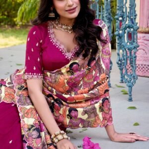 featuring premium tasar silk, detailed kalamkari prints, and an embroidered dupatta, this lehenga set is a perfect choice for refined festive styling.